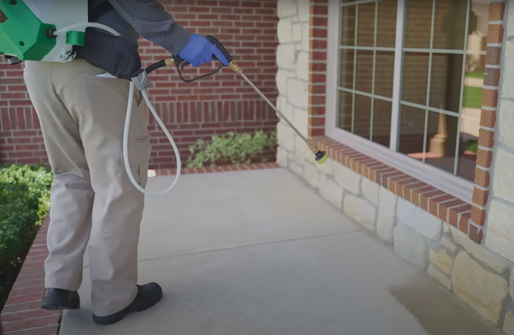 A pest control technician spraying the exterior foundation of a home to prevent insects during a pest control service in Council Bluffs.