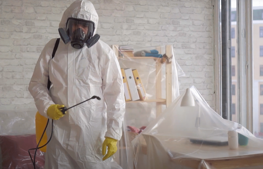 A pest control expert in full protective gear spraying indoors as part of a thorough pest control service in Council Bluffs.